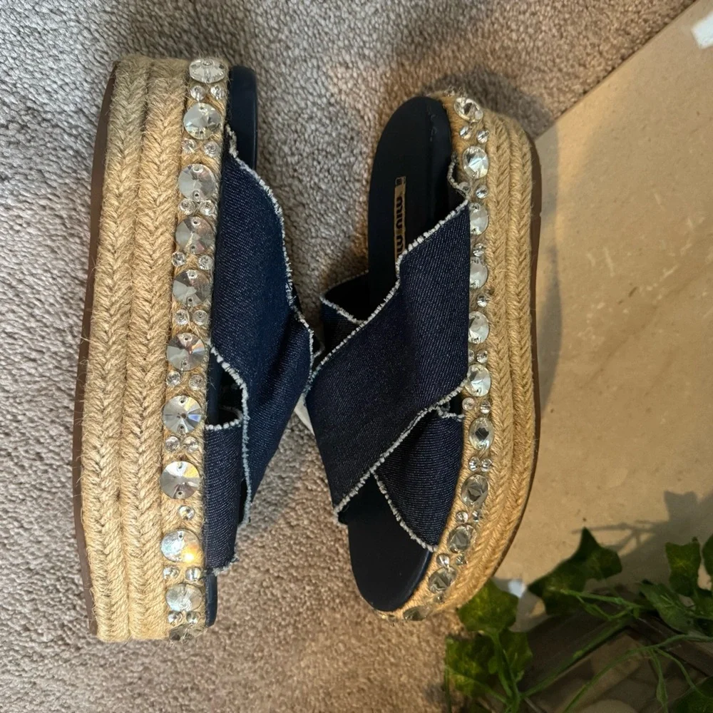 Miu Miu Criss Cross Jeweled Blue Y2K Denim Platform Sandals